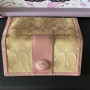 Coach Gold Signature Canvas Wallet with Pink Trim